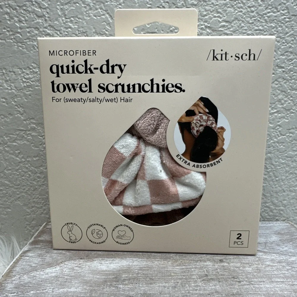 $14 🌙 Kitsch Quick-Dry HAIR SCRUNCHIES X2 Terracotta Checker - NEW Sealed